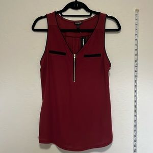 NWT EXPRESS burgundy wine red gold zipper fake pocket black trim tank blouse